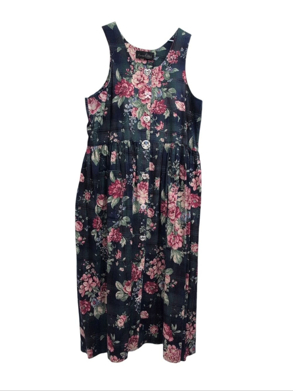 Vintage Pineapple Patch Large Floral Cotton Midi Dress Black Sleeveless Large